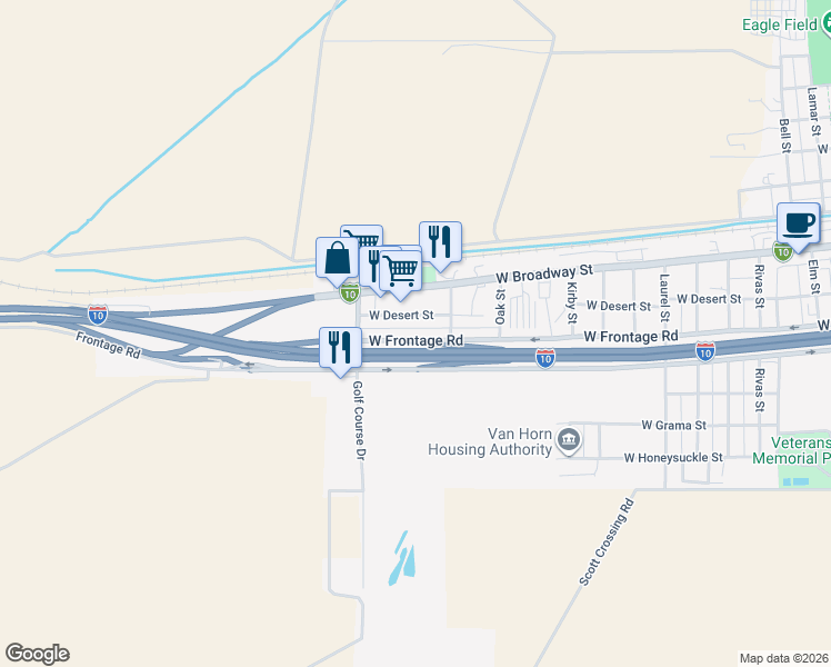 map of restaurants, bars, coffee shops, grocery stores, and more near 1805 West Broadway Street in Van Horn