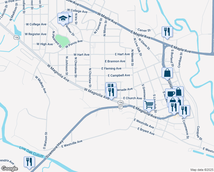 map of restaurants, bars, coffee shops, grocery stores, and more near 207 South Morris Street in Geneva