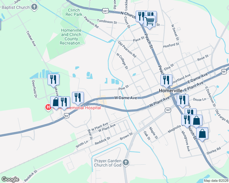 map of restaurants, bars, coffee shops, grocery stores, and more near 271 Pine Street in Homerville