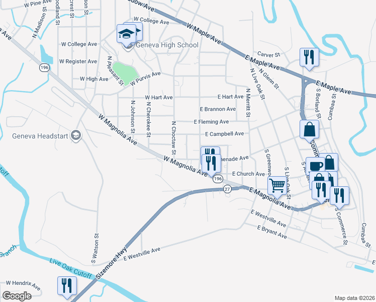 map of restaurants, bars, coffee shops, grocery stores, and more near 110 South Forrest Street in Geneva