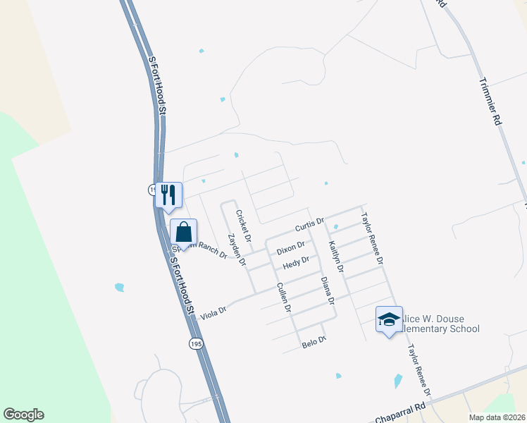 map of restaurants, bars, coffee shops, grocery stores, and more near 9302 Cricket Drive in Killeen