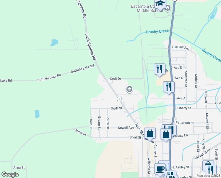 map of restaurants, bars, coffee shops, grocery stores, and more near 517 Jack Springs Road in Atmore