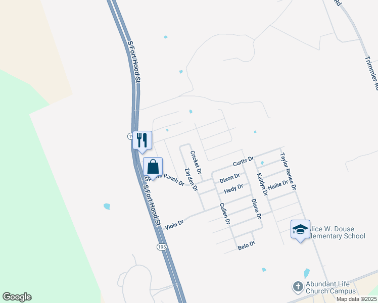 map of restaurants, bars, coffee shops, grocery stores, and more near 9205 Cricket Drive in Killeen