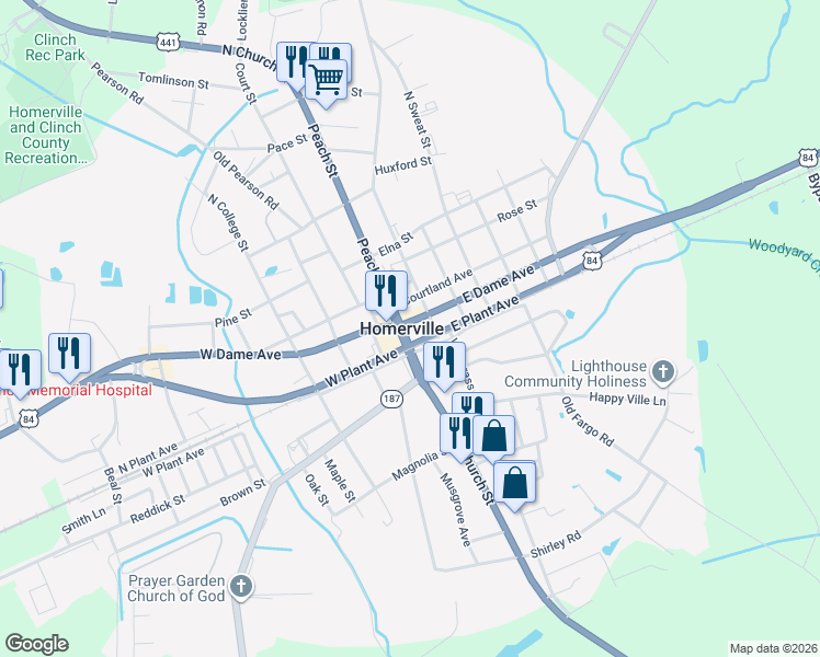 map of restaurants, bars, coffee shops, grocery stores, and more near in Homerville