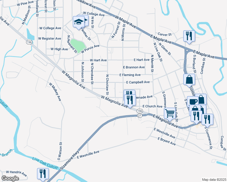 map of restaurants, bars, coffee shops, grocery stores, and more near 110 South Forrest Street in Geneva