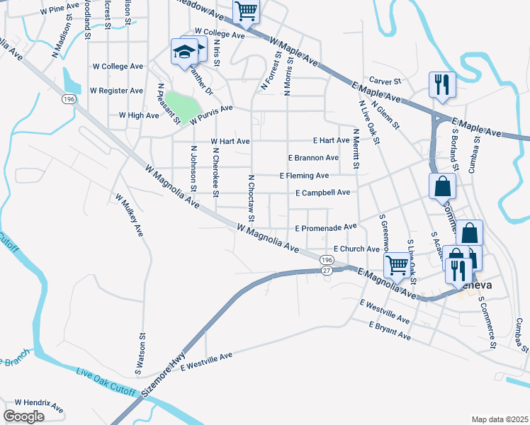 map of restaurants, bars, coffee shops, grocery stores, and more near 110 South Forrest Street in Geneva