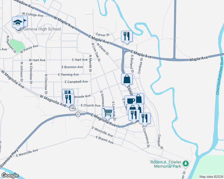 map of restaurants, bars, coffee shops, grocery stores, and more near 203 South Live Oak Street in Geneva