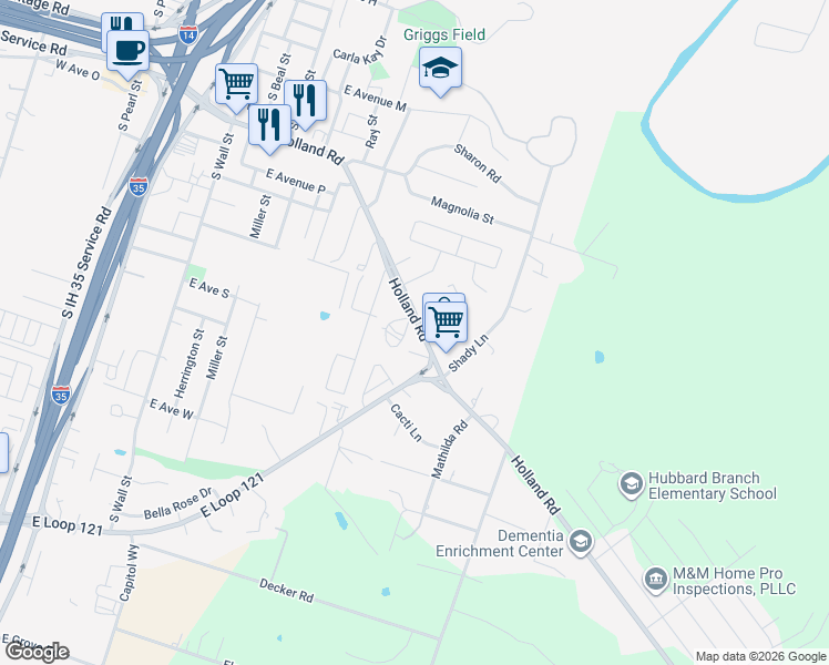 map of restaurants, bars, coffee shops, grocery stores, and more near 1701 Holland Road in Belton