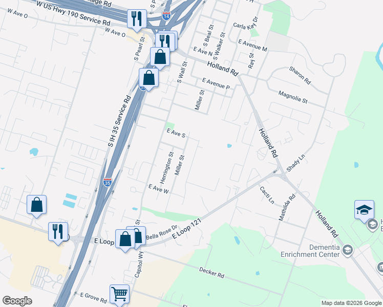 map of restaurants, bars, coffee shops, grocery stores, and more near 2005 Miller Street in Belton