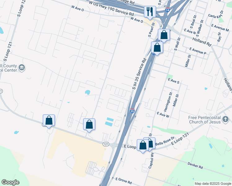 map of restaurants, bars, coffee shops, grocery stores, and more near 2201 South Pearl Street in Belton