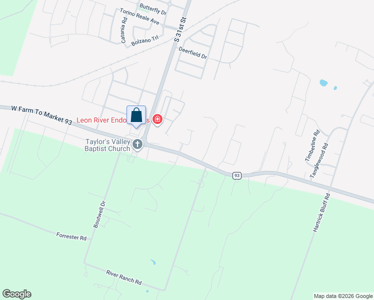 map of restaurants, bars, coffee shops, grocery stores, and more near 2150 Farm to Market Road 93 in Temple
