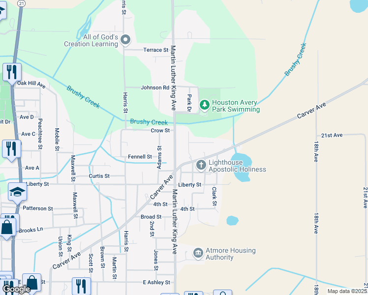 map of restaurants, bars, coffee shops, grocery stores, and more near Park Drive in Atmore