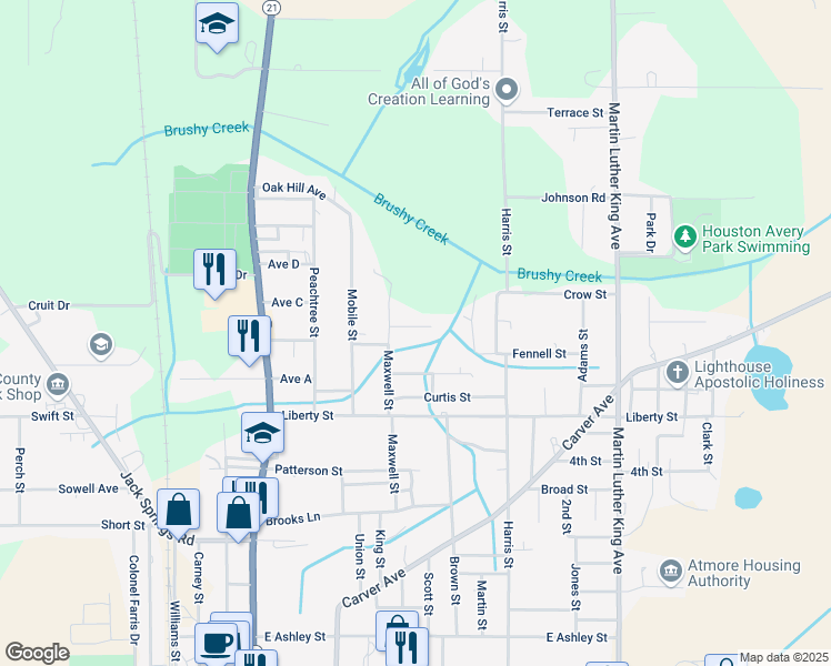 map of restaurants, bars, coffee shops, grocery stores, and more near 106 Gray Street in Atmore