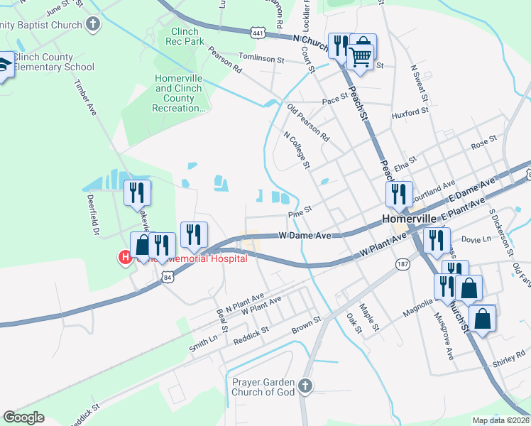 map of restaurants, bars, coffee shops, grocery stores, and more near 271 Pine Street in Homerville