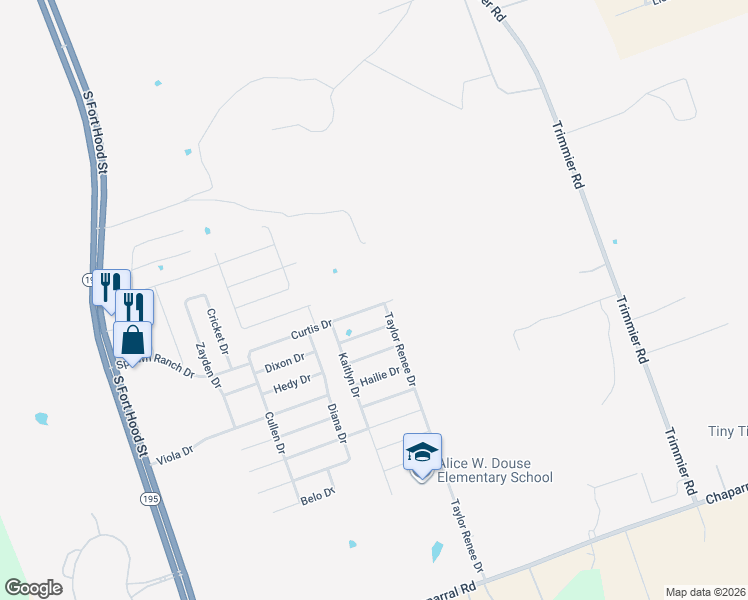 map of restaurants, bars, coffee shops, grocery stores, and more near 800 Curtis Drive in Killeen