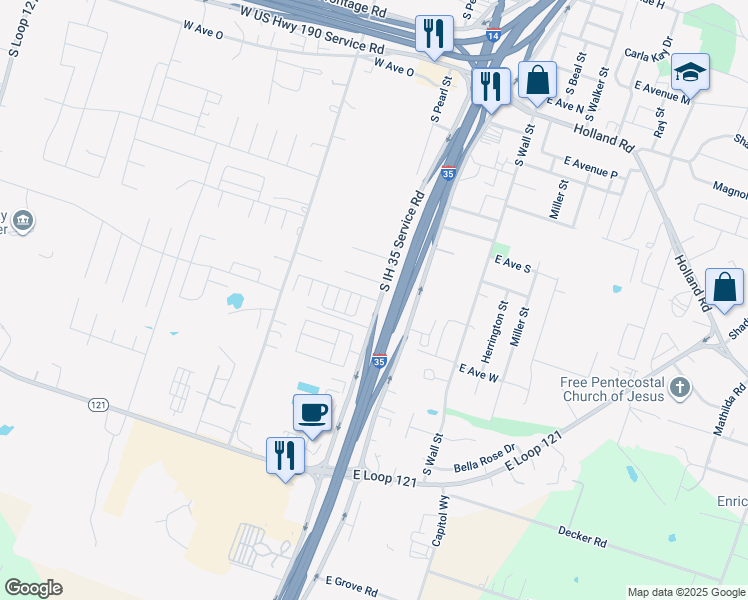 map of restaurants, bars, coffee shops, grocery stores, and more near 2201 South Pearl Street in Belton