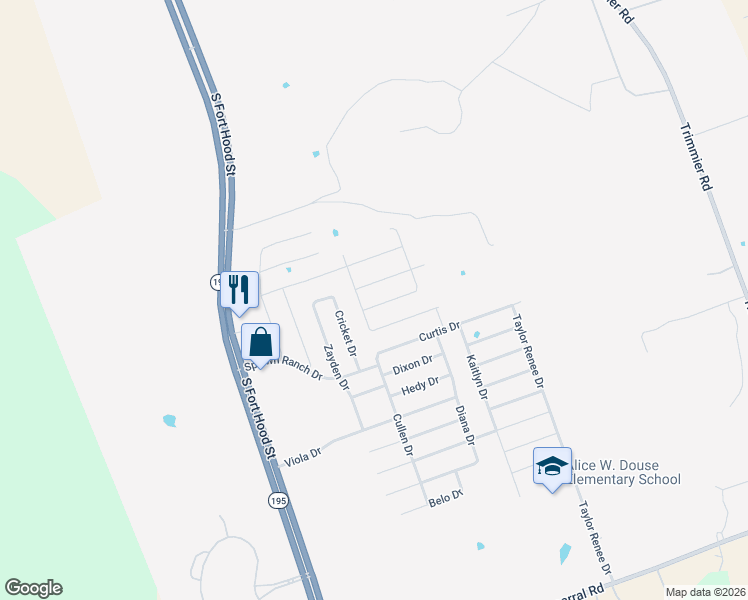 map of restaurants, bars, coffee shops, grocery stores, and more near 9302 Cricket Drive in Killeen