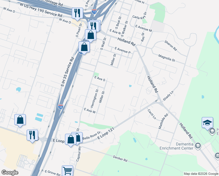 map of restaurants, bars, coffee shops, grocery stores, and more near 2005 Miller Street in Belton