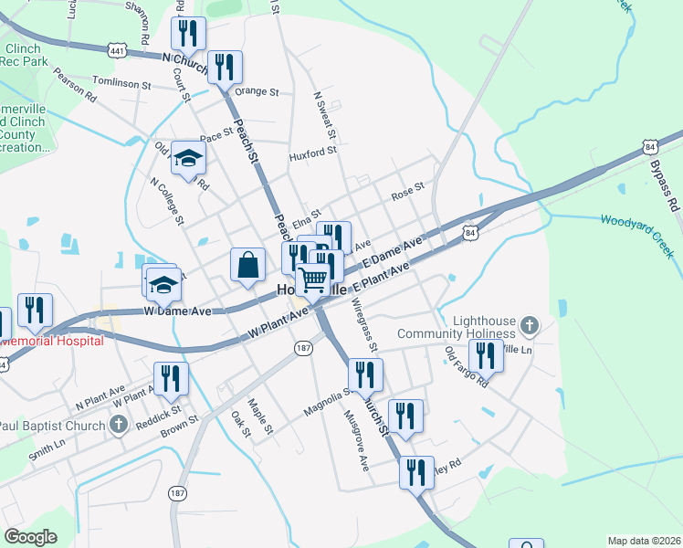 map of restaurants, bars, coffee shops, grocery stores, and more near Georgia 38 in Homerville