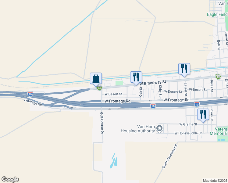 map of restaurants, bars, coffee shops, grocery stores, and more near 1805 West Broadway Street in Van Horn