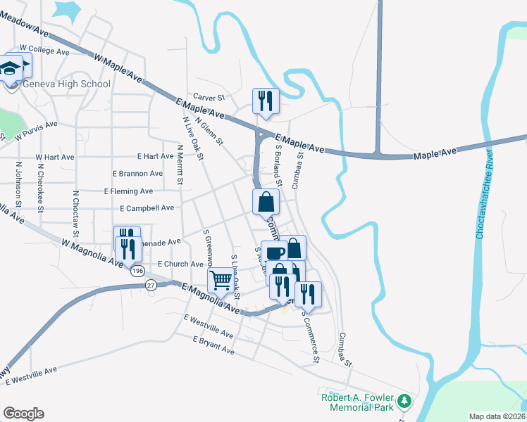 map of restaurants, bars, coffee shops, grocery stores, and more near 110 South Commerce Street in Geneva