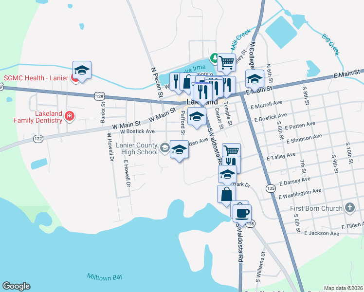 map of restaurants, bars, coffee shops, grocery stores, and more near 68 West Patten Avenue in Lakeland