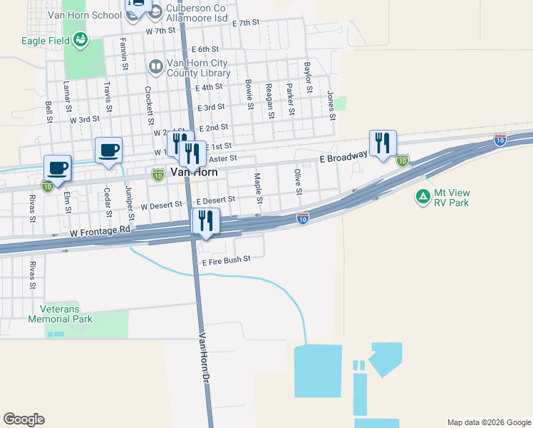 map of restaurants, bars, coffee shops, grocery stores, and more near East Frontage Road in Van Horn