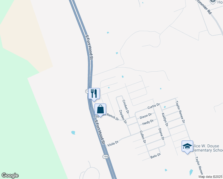 map of restaurants, bars, coffee shops, grocery stores, and more near 203 Danielle Drive in Killeen