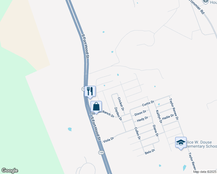 map of restaurants, bars, coffee shops, grocery stores, and more near 203 Danielle Drive in Killeen