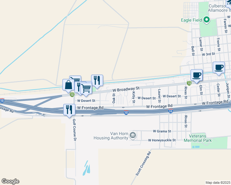 map of restaurants, bars, coffee shops, grocery stores, and more near 1609 West Broadway Street in Van Horn