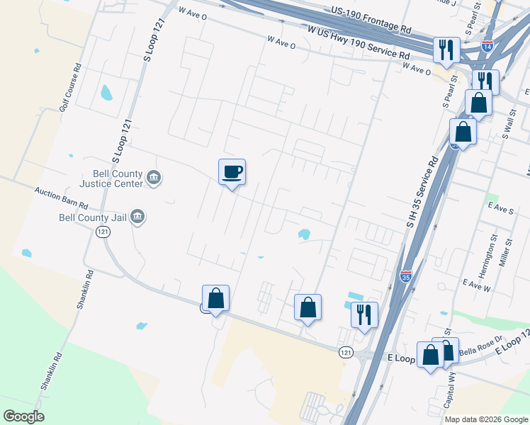 map of restaurants, bars, coffee shops, grocery stores, and more near 2128 Hamilton Lane in Belton