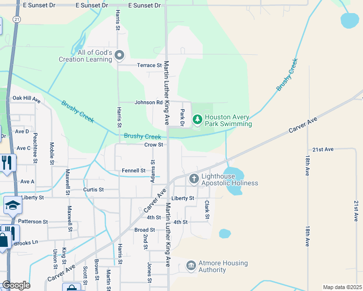 map of restaurants, bars, coffee shops, grocery stores, and more near Park Drive in Atmore
