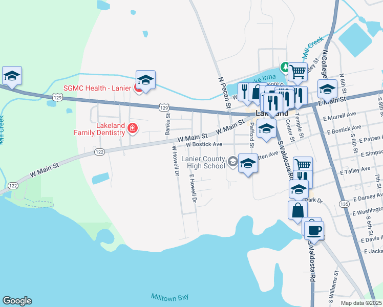 map of restaurants, bars, coffee shops, grocery stores, and more near 221 East Howell Drive in Lakeland