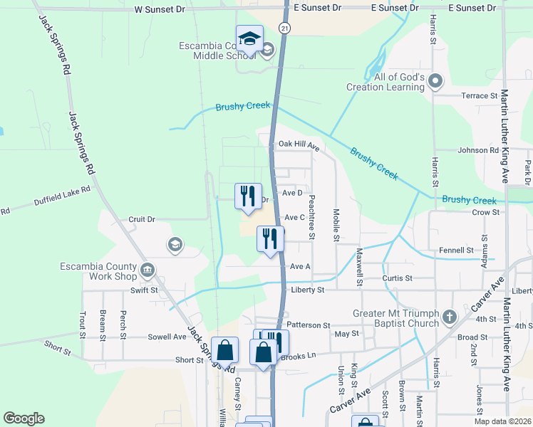 map of restaurants, bars, coffee shops, grocery stores, and more near 1068 N Main St in Atmore