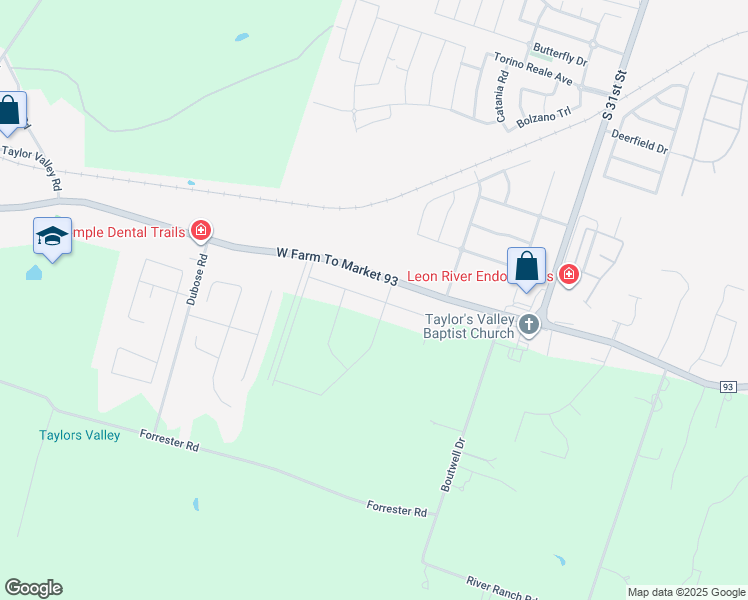 map of restaurants, bars, coffee shops, grocery stores, and more near 3093 Farm to Market Road 93 in Temple