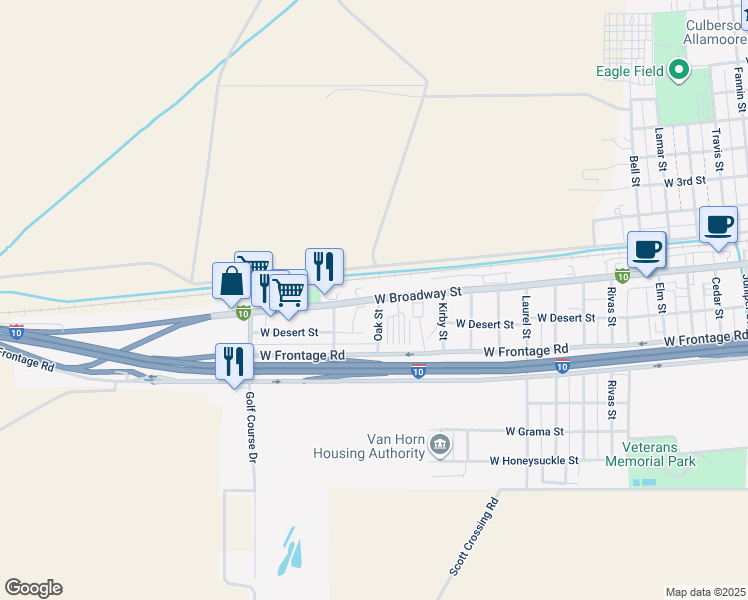 map of restaurants, bars, coffee shops, grocery stores, and more near 1609 West Broadway Street in Van Horn