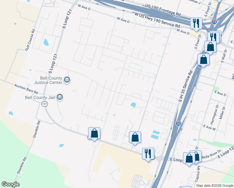 map of restaurants, bars, coffee shops, grocery stores, and more near 2128 Hamilton Lane in Belton