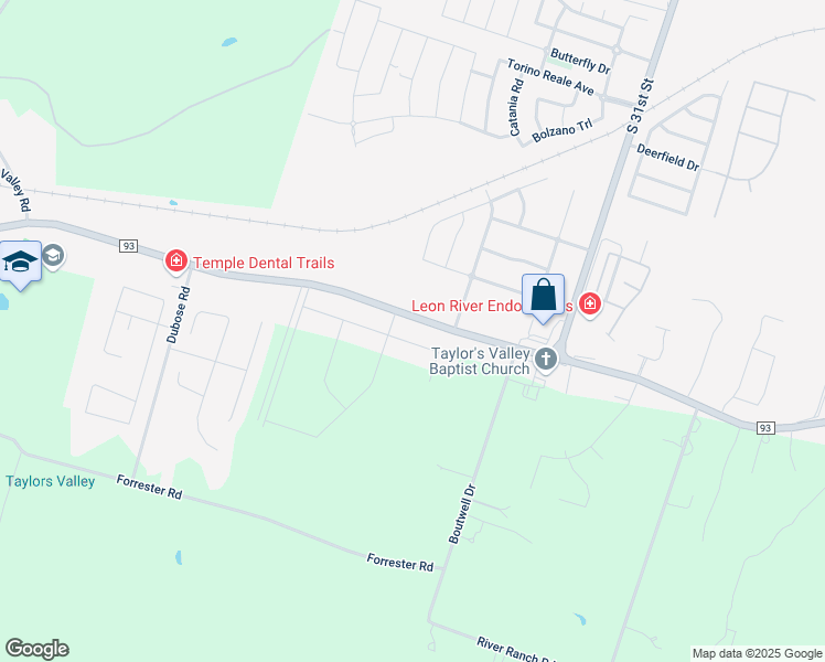 map of restaurants, bars, coffee shops, grocery stores, and more near 3096 Farm to Market Road 93 in Temple