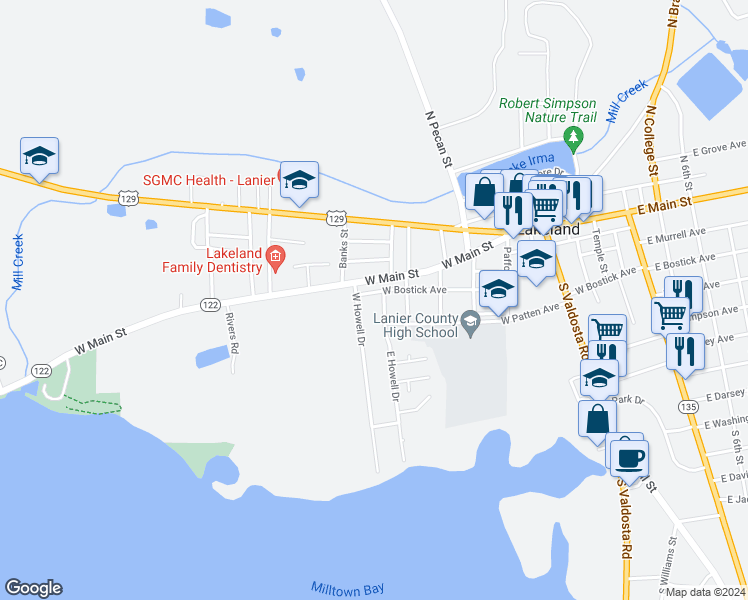 map of restaurants, bars, coffee shops, grocery stores, and more near 221 East Howell Drive in Lakeland