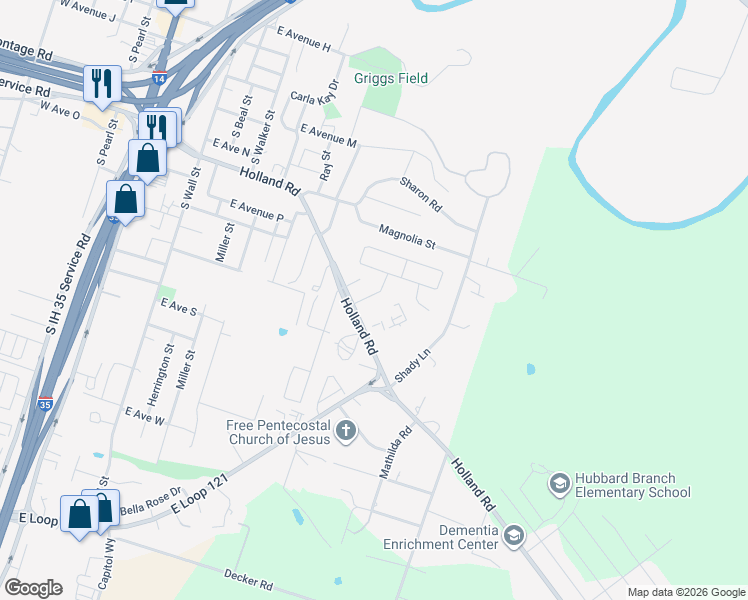map of restaurants, bars, coffee shops, grocery stores, and more near 1502 Holland Road in Belton