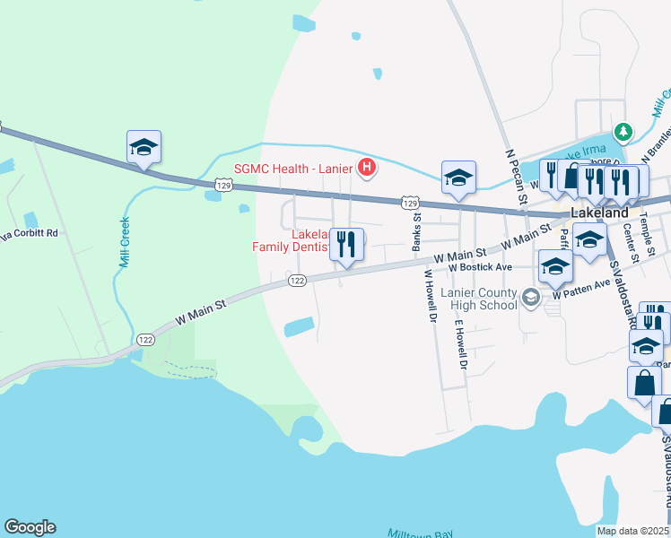 map of restaurants, bars, coffee shops, grocery stores, and more near 10 North Peachtree Street in Lakeland