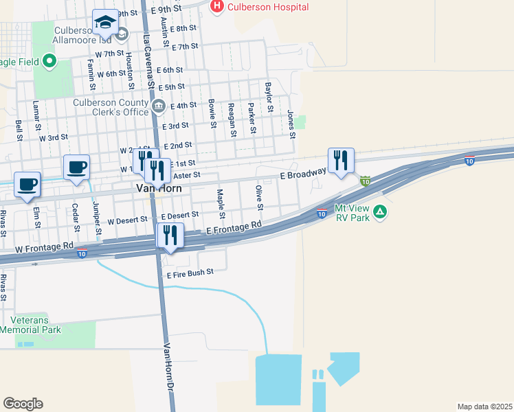 map of restaurants, bars, coffee shops, grocery stores, and more near 301 Olive Street in Van Horn