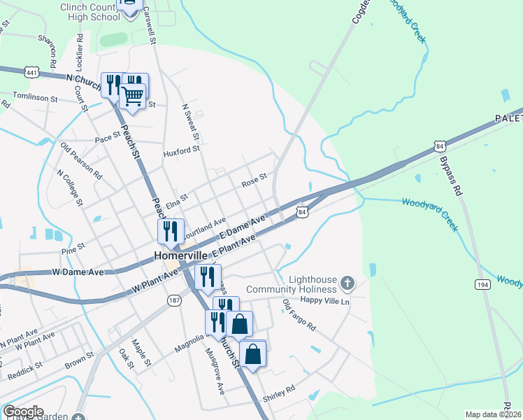 map of restaurants, bars, coffee shops, grocery stores, and more near 109 Frank S Sessoms Memorial Highway in Homerville