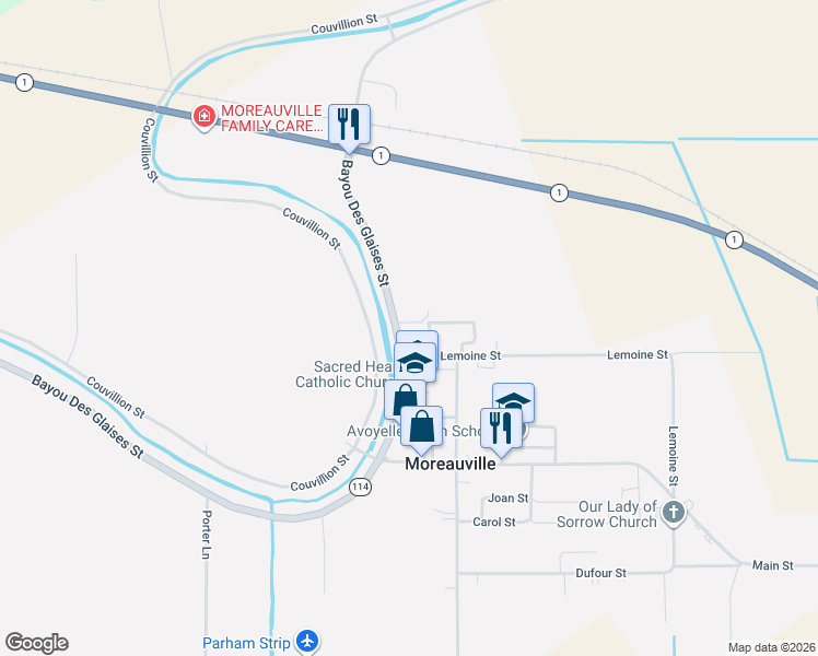 map of restaurants, bars, coffee shops, grocery stores, and more near 243 Beridon Street in Moreauville