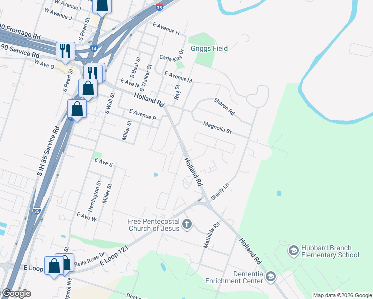 map of restaurants, bars, coffee shops, grocery stores, and more near 1314 Holland Road in Belton