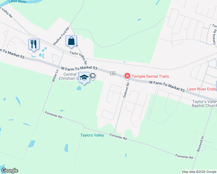 map of restaurants, bars, coffee shops, grocery stores, and more near 6910 Crystal Valley Drive in Temple