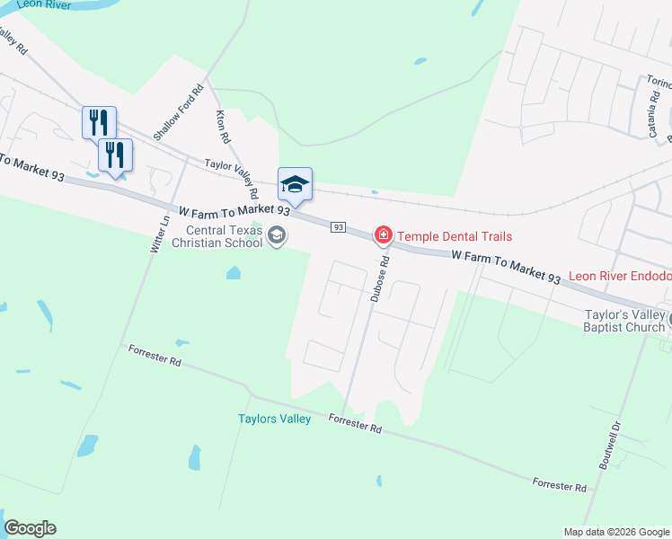 map of restaurants, bars, coffee shops, grocery stores, and more near 6910 Crystal Valley Drive in Temple