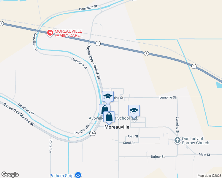 map of restaurants, bars, coffee shops, grocery stores, and more near 243 Beridon Street in Moreauville