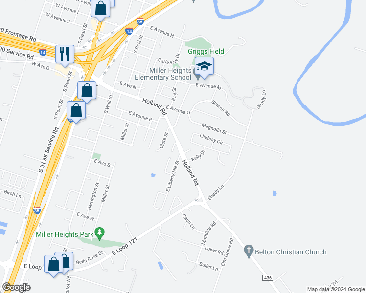 map of restaurants, bars, coffee shops, grocery stores, and more near 1314 Holland Road in Belton