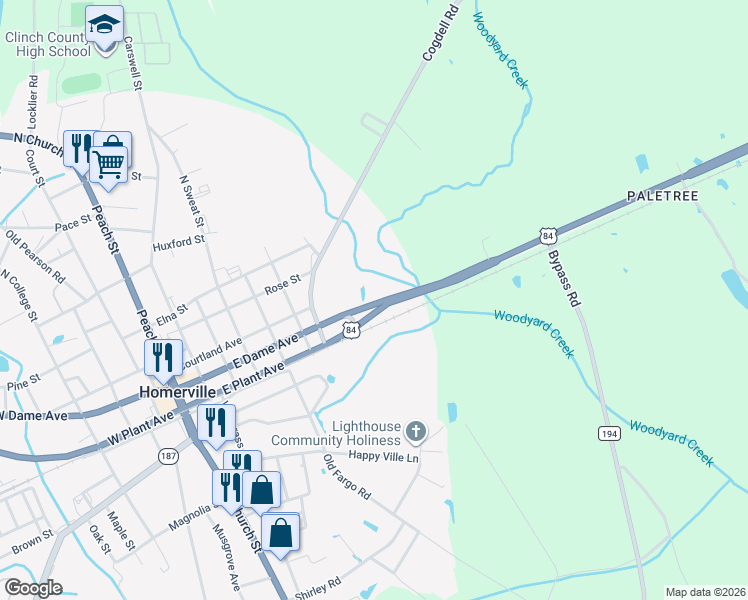 map of restaurants, bars, coffee shops, grocery stores, and more near 701 East Dame Avenue in Homerville